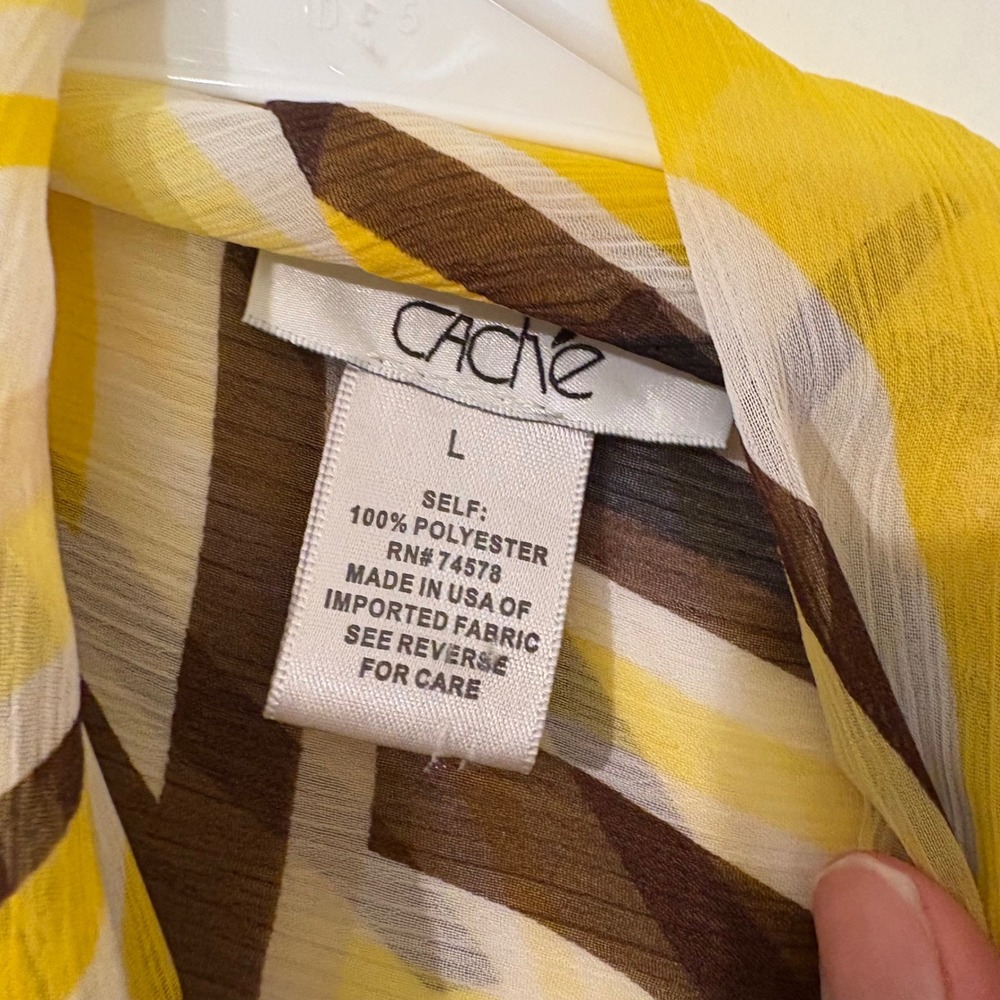 Cache Sheer Yellow Brown Psychedelic Swirl Tie Neck Twist Knot Front Blouse L - Picture 5 of 5